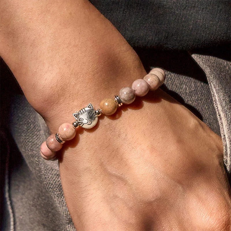 Buddha Stones 8mm Cat Design Zebra Jasper Protection Bracelet