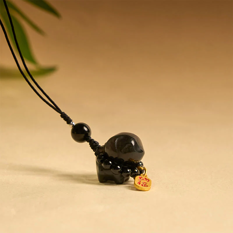 Buddha Stone Silver Sheen Obsidian Puppy Dog Fu Character Protection Necklace Phone Hanging Decoration
