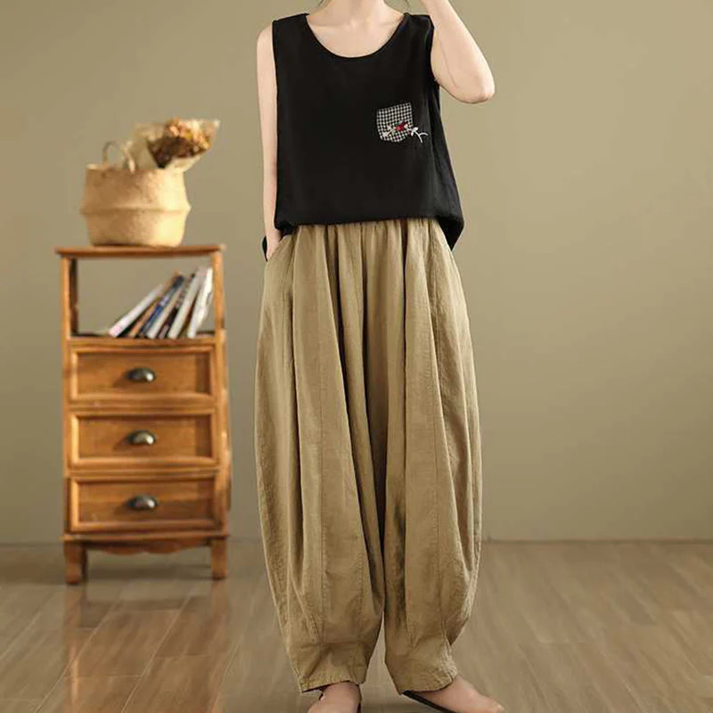 Buddha Stones Spring Casual Simple Design Women's Cotton Linen Harem Pants With Pockets