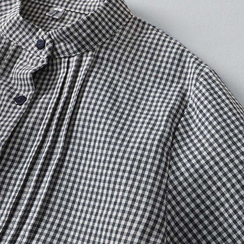 Buddha Stones Casual Plaid Pattern Long Lantern Sleeve Cotton Linen Midi Dress With Pockets