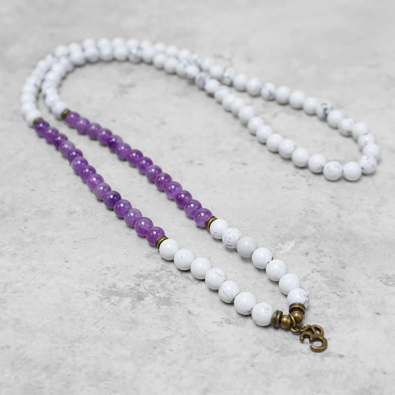 Buddha Stones 108 Mala Beads Amethyst White Turquoise OM Healing Meditation Energy Bracelet