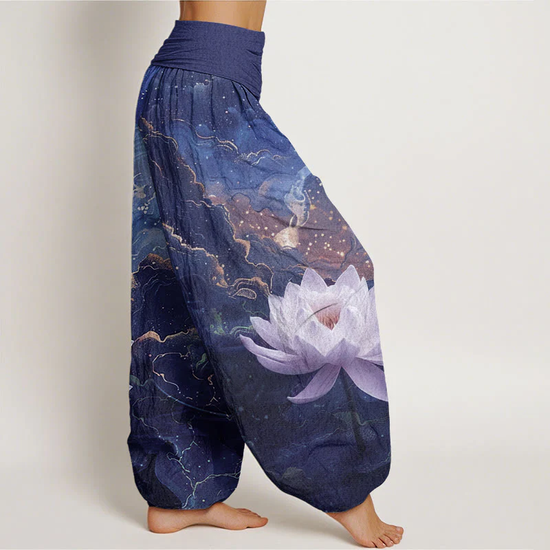 Buddha Stones Casual Lotus Starry Sky Clouds Pattern Women's Elastic Waist Harem Pants