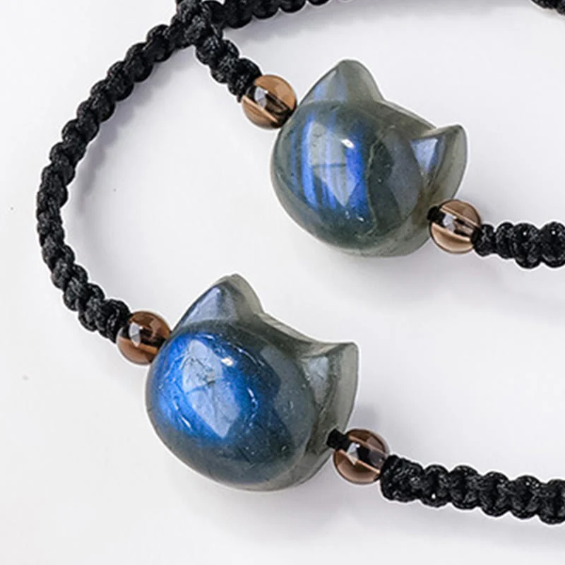 Buddha Stones Natural Labradorite Cute Cat Head Black Rope Healing Bracelet