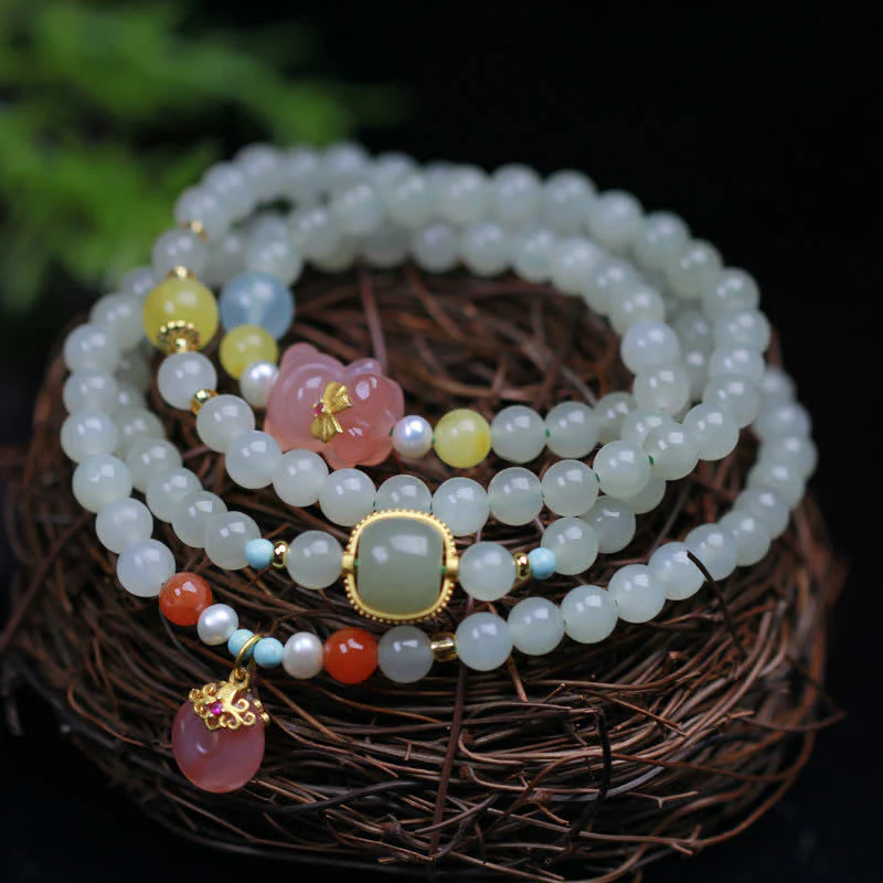 Buddha Stones Natural Hetian Jade Pink Crystal Peace Buckle Happiness Abundance Bracelet