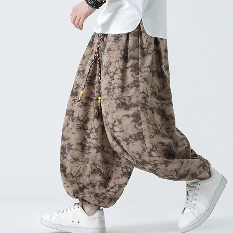 Buddha Stones Retro Casual Drawstring Design Floral Pattern Men's Harem Pants With Pockets