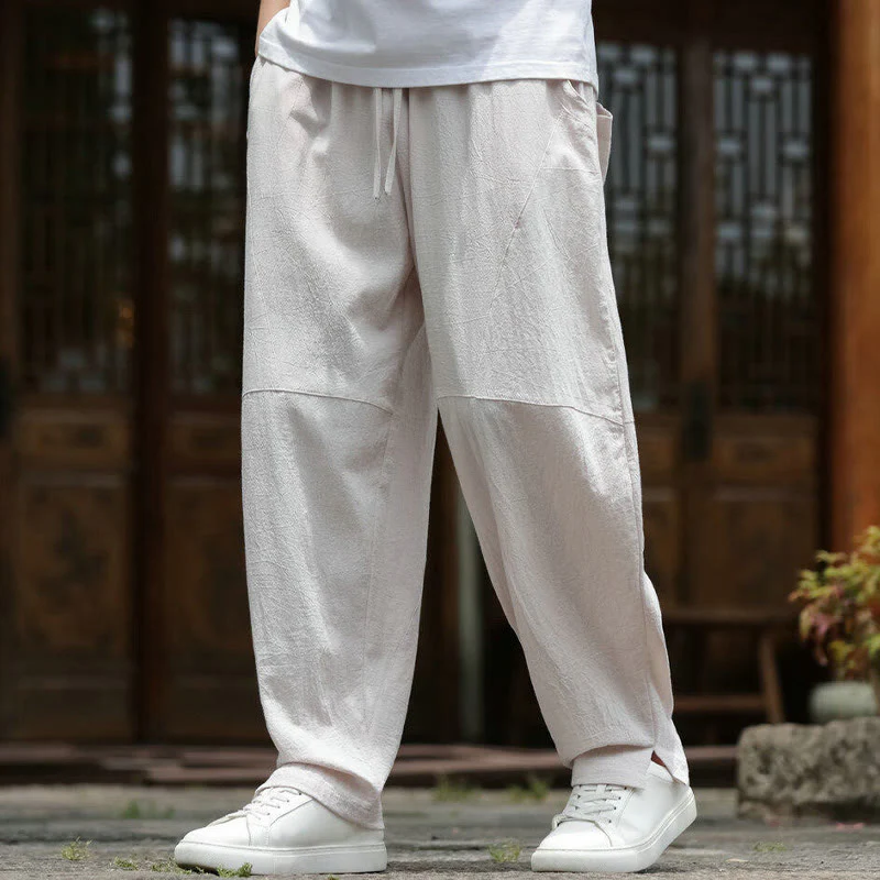 Buddha Stones Solid Drawstring Men's Elastic Waistband Cotton Linen Pants With Pockets