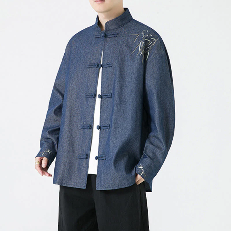 Buddha Stones Bamboo Leaves Design Frog-button Tang Suit Cotton Men's Jacket Shirt