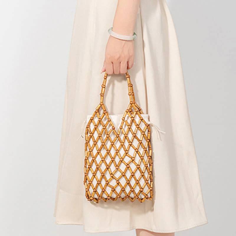 Buddha Stones Hand-woven Mesh Hollow Wooden Beads Handbag