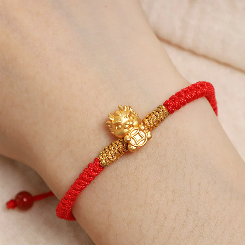 Buddha Stones 999 Sterling Silver Year of the Dragon Copper Coin Fortune Dragon Fu Character Luck Handcrafted Red String Braided Bracelet (Extra 30% Off | USE CODE: FS30)