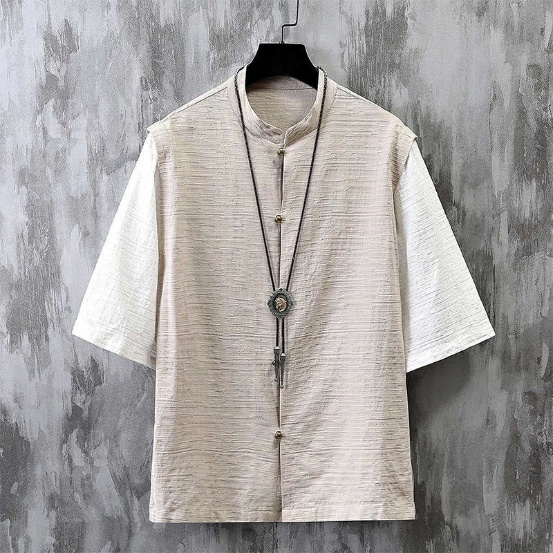 Buddha Stones Summer Patchwork Color Design Men's Half Sleeve Cotton Linen Shirt