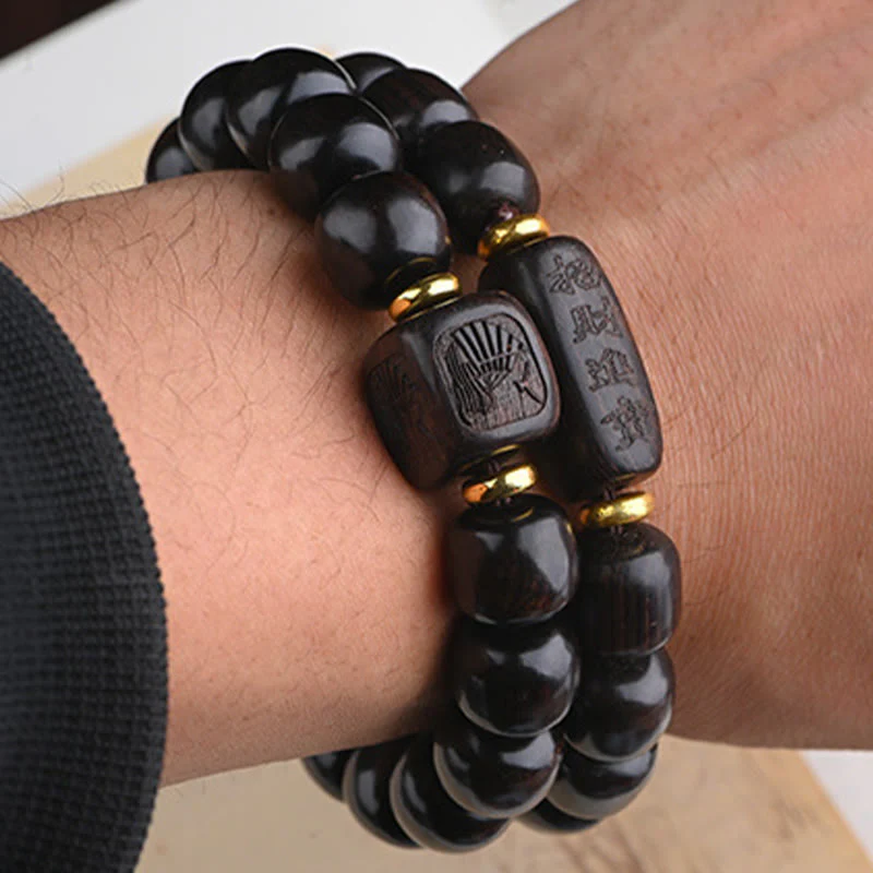Buddha Stones Tibetan Ebony Wood Barrel Beads Lucky And Treasure Balance Bracelet