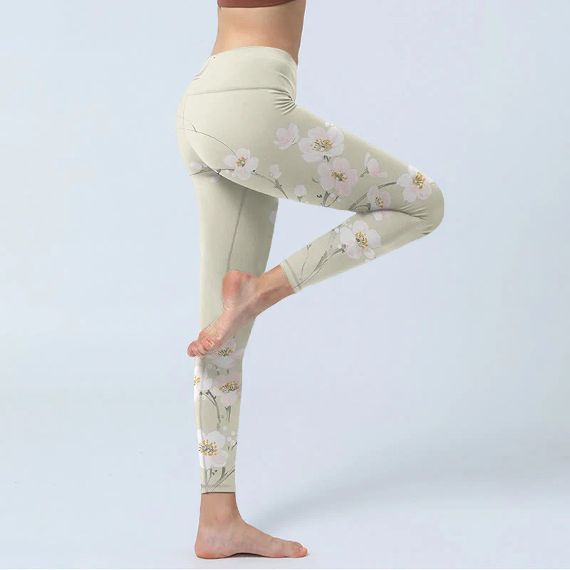 Buddha Stones Beige Plum Blossoms Print Gym Leggings Women's Yoga Pants