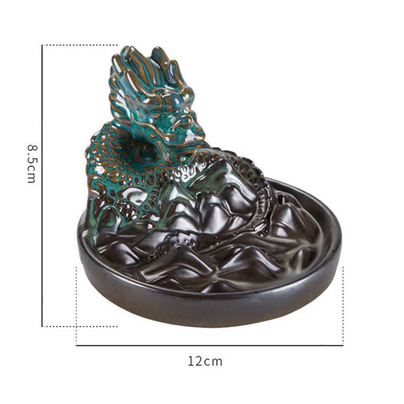Buddha Stones Dragon Pattern Ceramic Backflow Smoke Fountain Incense Burner Decoration