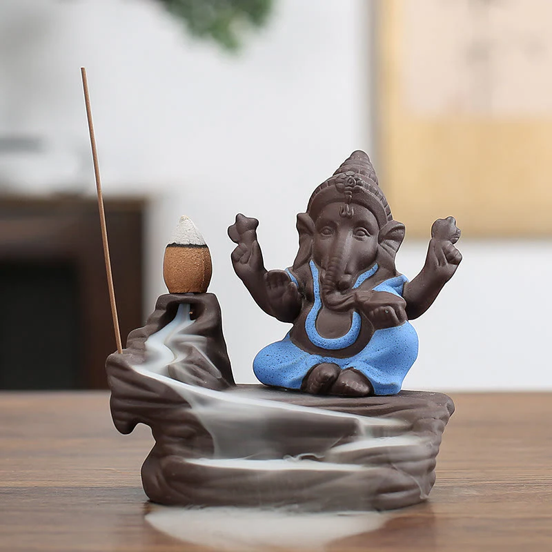 Buddha Stones Ganesh Elephant Purple Clay Backflow Smoke Fountain Protection Stick Incense Burner