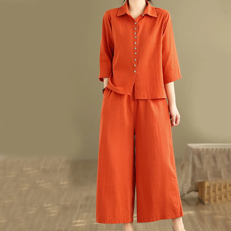 Buddha Stones 2pcs Casual Women's Stand Collar Shirt Loose Pants Meditation Clothing Set