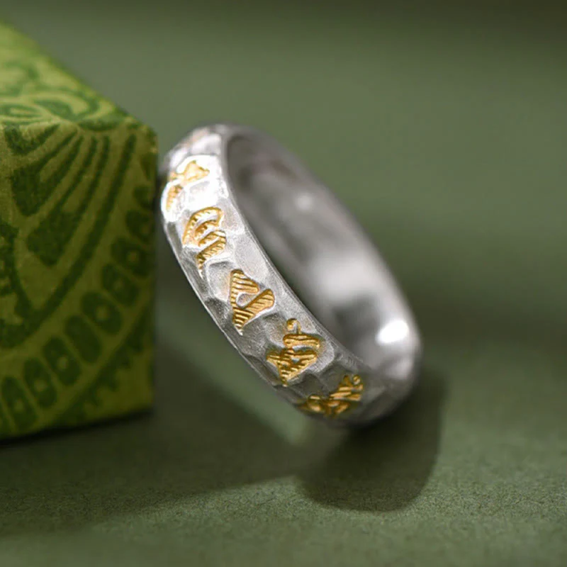 Buddha Stones Hammer Pattern Om Mani Padme Hum Copper Plated Silver Wealth Ring