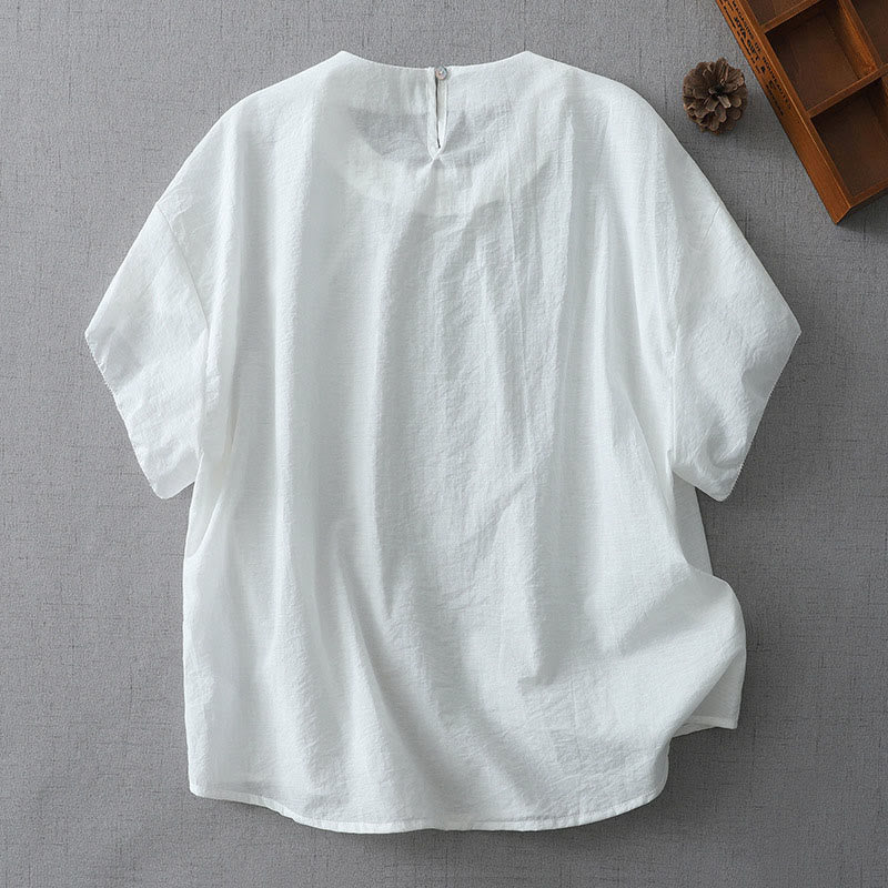 Buddha Stones Beads Crew Neck Design Cotton Short Sleeve Women's Shirt