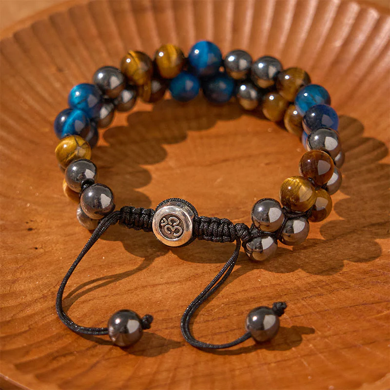 Buddha Stones Natural Blue Tiger Eye Black Magnetite Om Pattern Double Row Beads Strength Bracelet