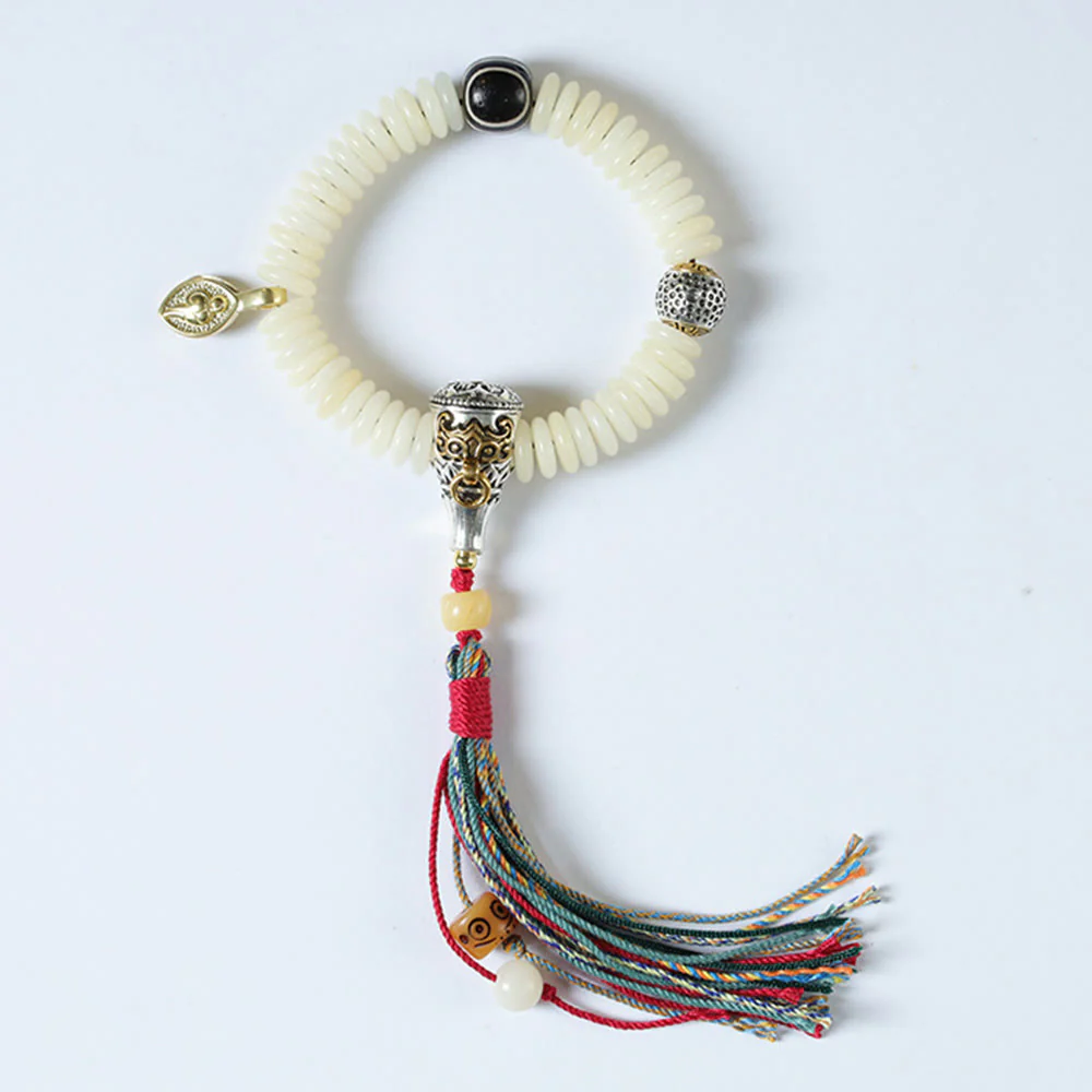 Buddha Stones Natural White Bodhi Seed Stone Wisdom Tassel Wrist Mala Bracelet