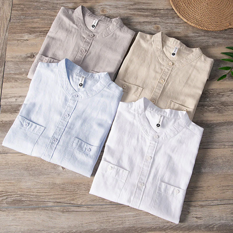 Buddha Stones Casual Daily Simple Buttons Design Stand Collar Men's Short Sleeve Cotton Linen Shirt With Front Pockets