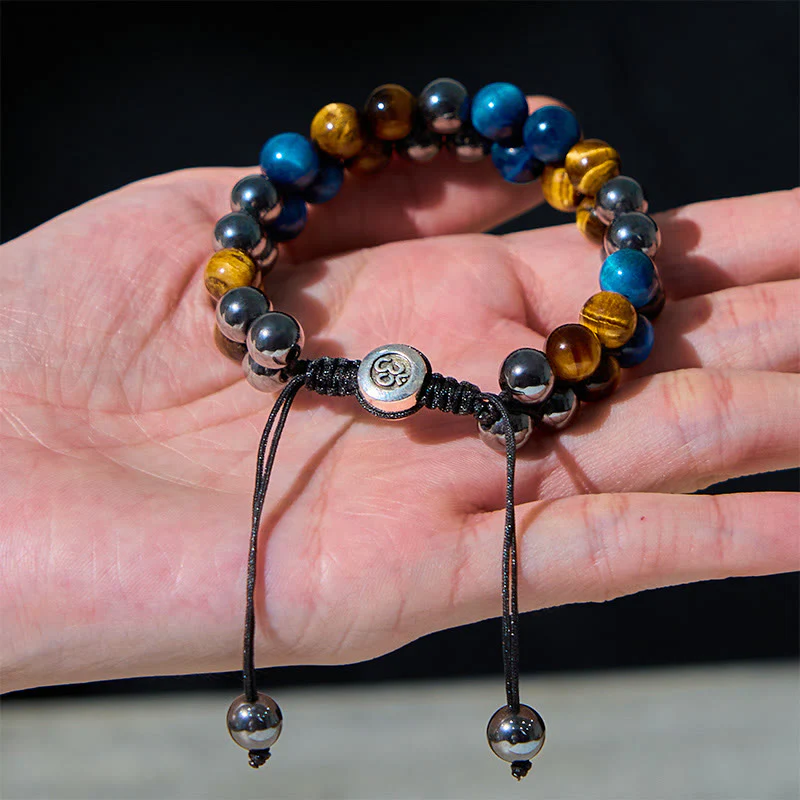 Buddha Stones Natural Blue Tiger Eye Black Magnetite Om Pattern Double Row Beads Strength Bracelet