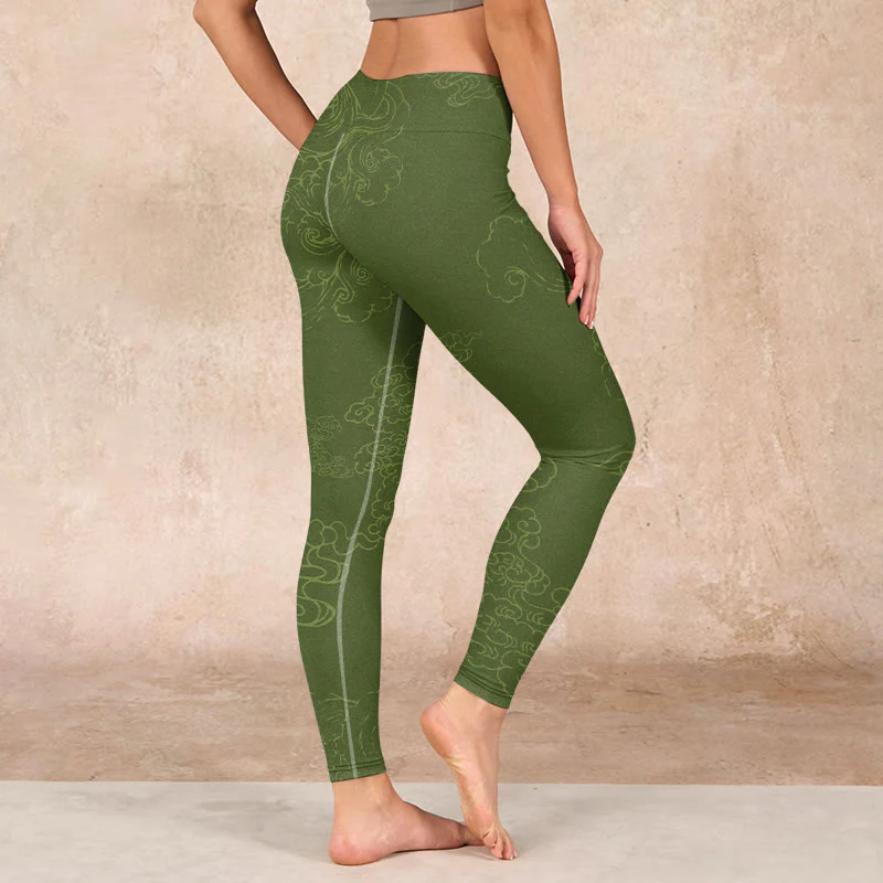 Buddha Stones Green Auspicious Cloud Waves Print Gym Leggings Women's Yoga Pants