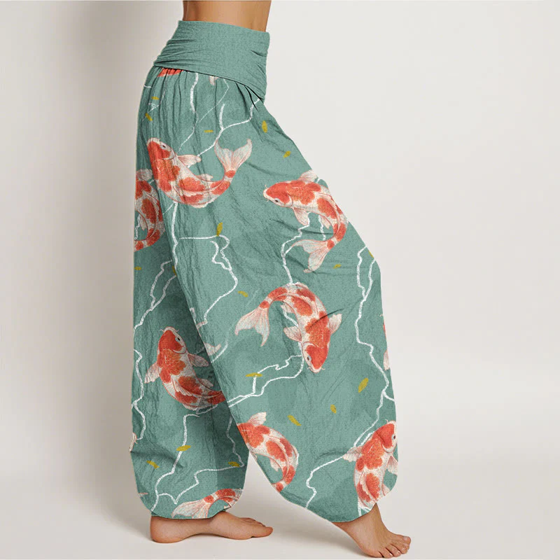Buddha Stones Red White Koi Fish Pattern Design Women's Elastic Waist Harem Pants