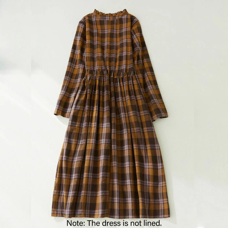 Buddha Stones Vintage Plaid Ruffled V-Neck Drawstring Cotton Linen Midi Dress With Pockets