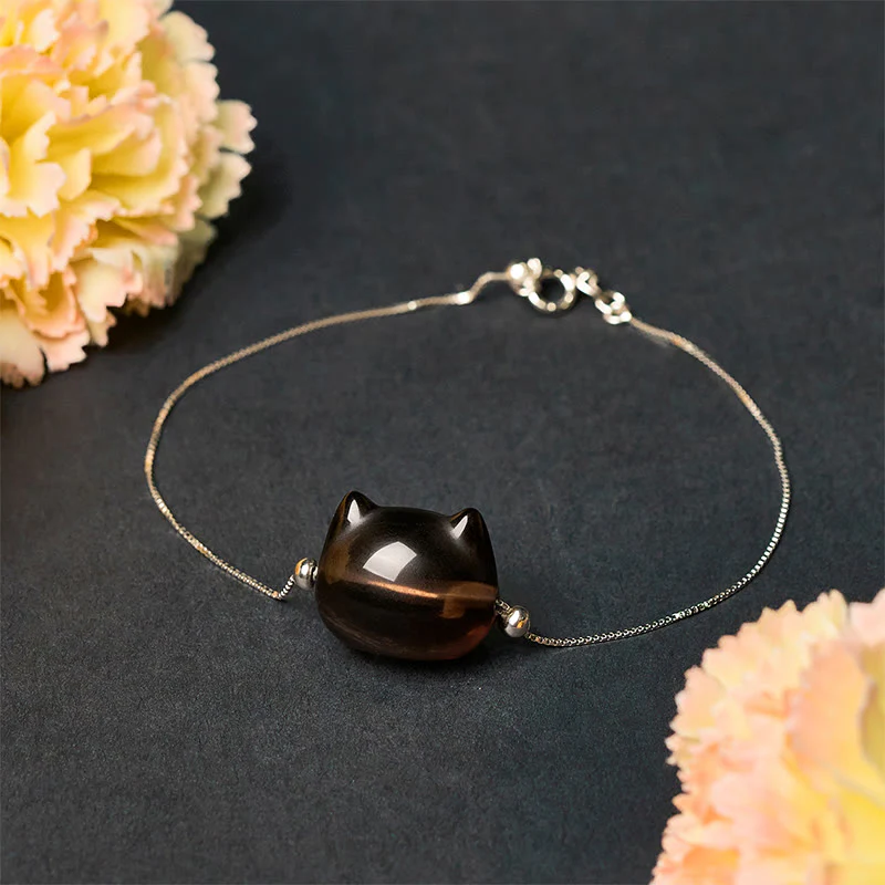 Buddha Stones 925 Sterling Silver Cat Natural Ice Obsidian Positive Bracelet