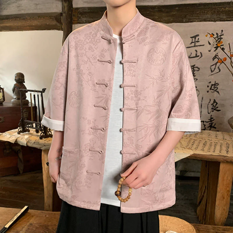 Buddha Stones Jacquard Bamboo Plum Bossom Pattern Chinese Frog-Button Design Men's Half Sleeve Cotton Shirt With Pockets