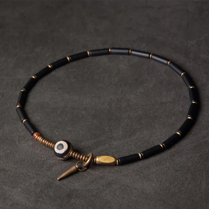 Buddha Stones Black Onyx Copper Dzi Bead Cone Pendant Double Wrap Protection Bracelet