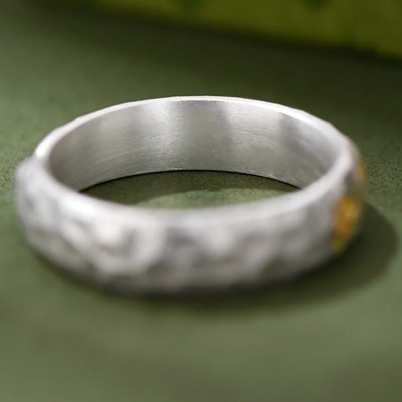 Buddha Stones Hammer Pattern Om Mani Padme Hum Copper Plated Silver Wealth Ring