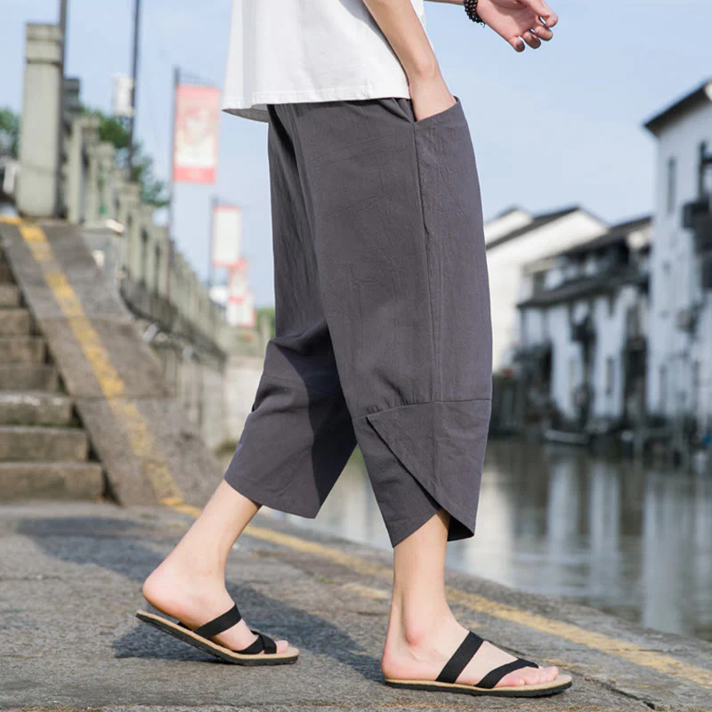 Buddha Stones Summer Casual Simple Plain Tapered Design Drawstring Men's  7-8 Length Cotton Linen Pants With Pockets