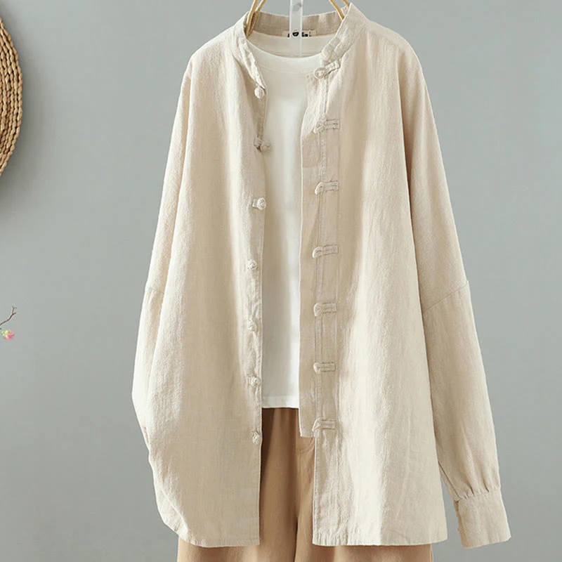 Buddha Stones Women's Solid Color Simple Chinese Frog-Button Design Cotton Linen Shirt