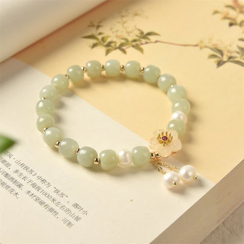 Buddha Stones Hetian Jade Flower Pearl Happiness Abundance Bracelet