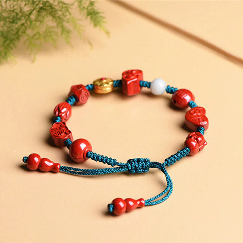 Buddha Stones Natural Cinnabar Gourd Om Mani Padme Hum Laughing Buddha Blessing String Bracelet