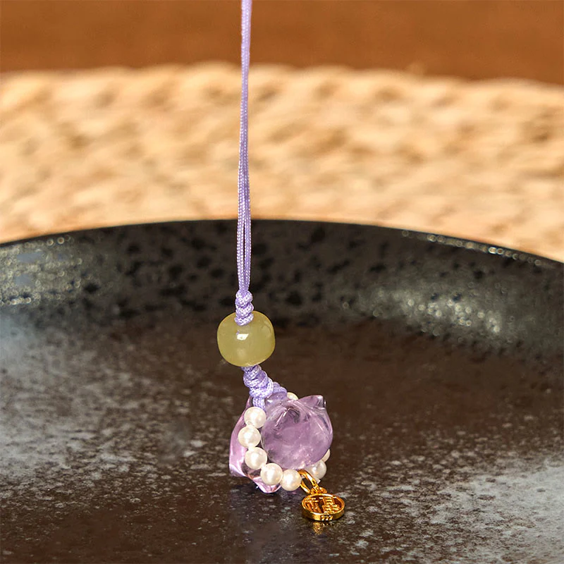 Buddha Stones Pink Crystal Amethyst Citrine Pearl Fu Character Lucky Kitten Warmth Phone Hanging Decoration