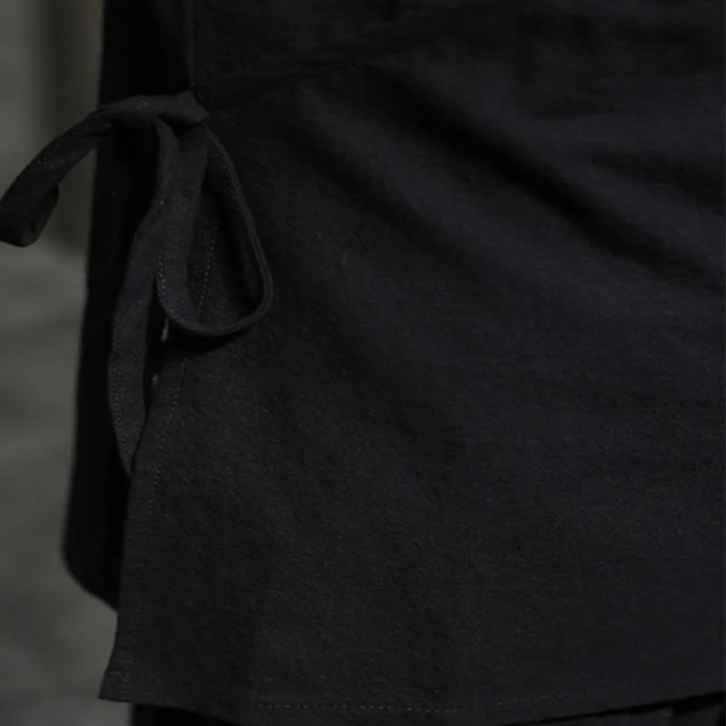 Buddha Stones Plain Lace-Up Simple Button Design Men's Long Sleeve Cotton Linen Shirt Clothing