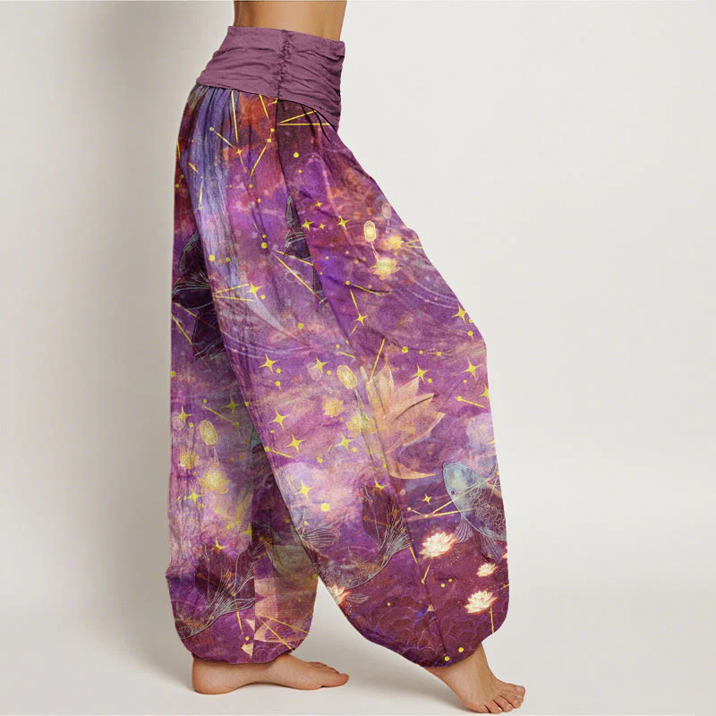 Buddha Stones Koi Fish Lotus Moon Stars Pattern Women's Elastic Waist Harem Pants