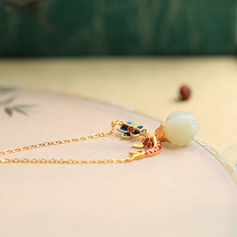 Buddha Stones 925 Sterling Silver White Jade Koi Fish Lotus Protection Necklace Pendant