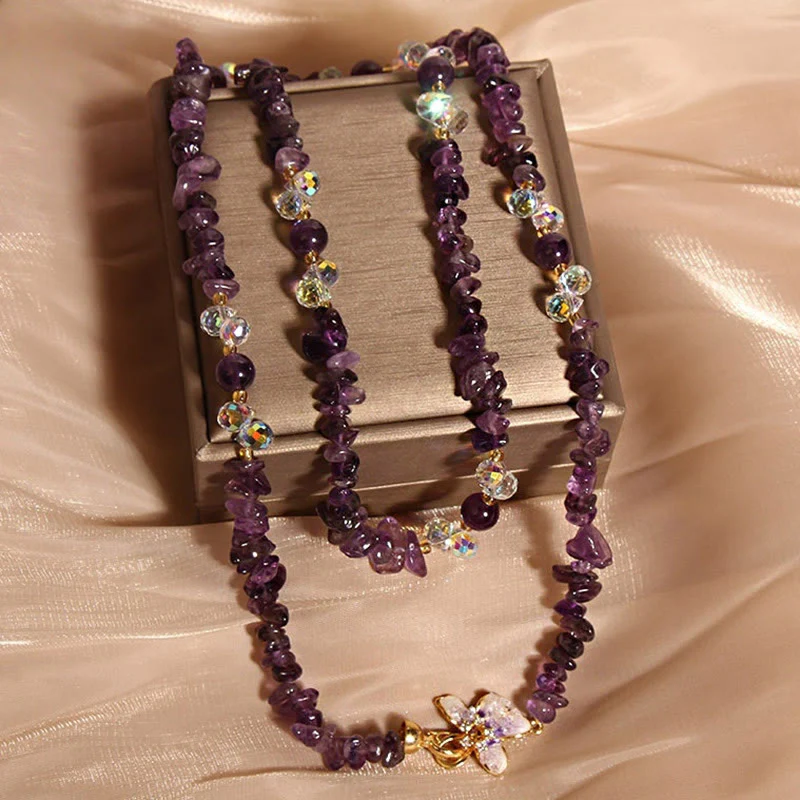 Buddha Stones Butterfly Flower Amethyst Strawberry Quartz Balance Necklace Pendant