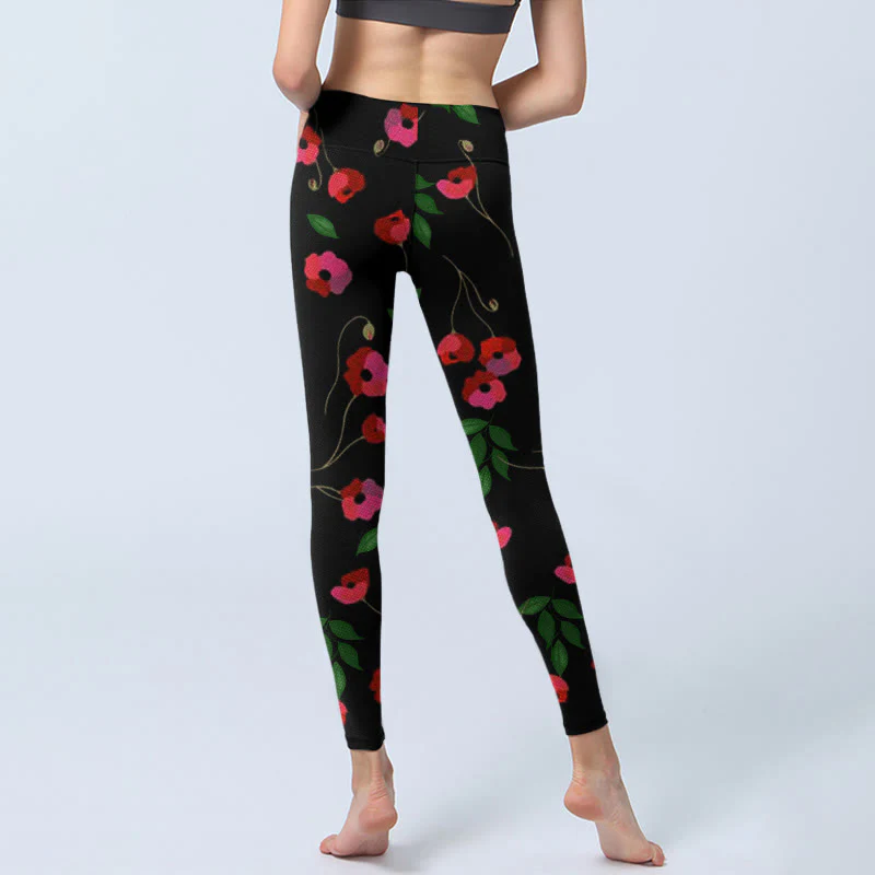 Buddha Stones Vibrant Red Flowers Green Leaves Print Gym Leggings Women's Yoga Pants