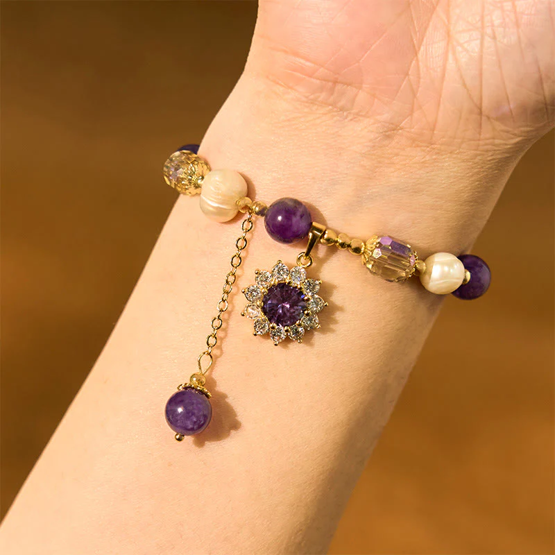 Buddha Stones Natural Amethyst Pearl Sunflower Communication Bracelet