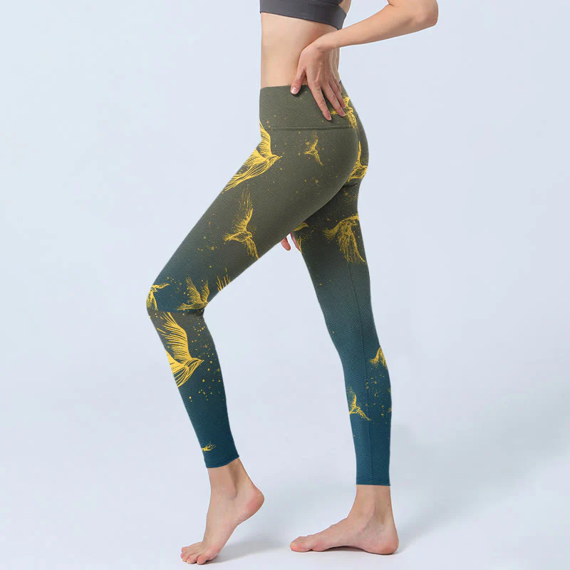 Buddha Stones Golden Flying Birds Print Gym Leggings Women's Yoga Pants