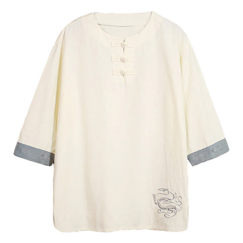 Buddha Stones Summer Embroidery Plain Frog-Button Men's Crew Neck Half Sleeve Cotton Linen Shirt Clothing