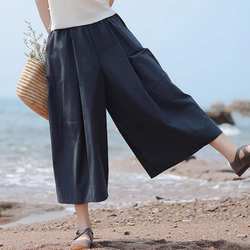 Buddha Stones Casual Plain Cotton High Waist Women's Wide Leg Capri Cropped Pants With Pockets