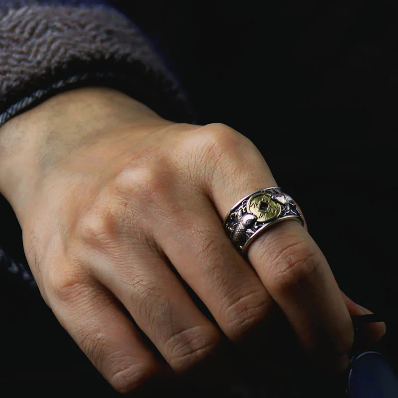 Buddha Stones Adjustable Opening 925 Sterling Silver Lucky Koi Fish Copper Coin Auspicious Clouds Wealth Ring
