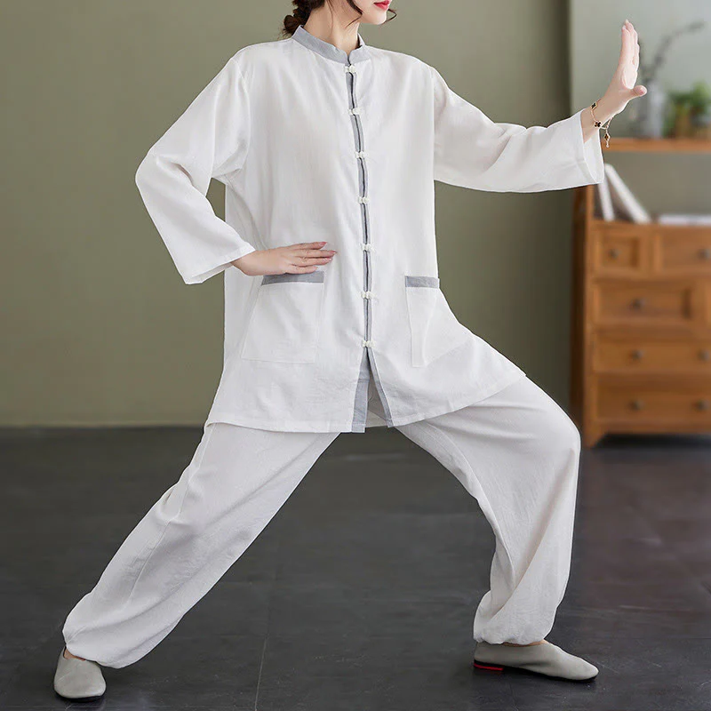 Buddha Stones 2pcs Cotton Tai Chi Shirt Top Pants Meditation Zen Clothing Women's Set