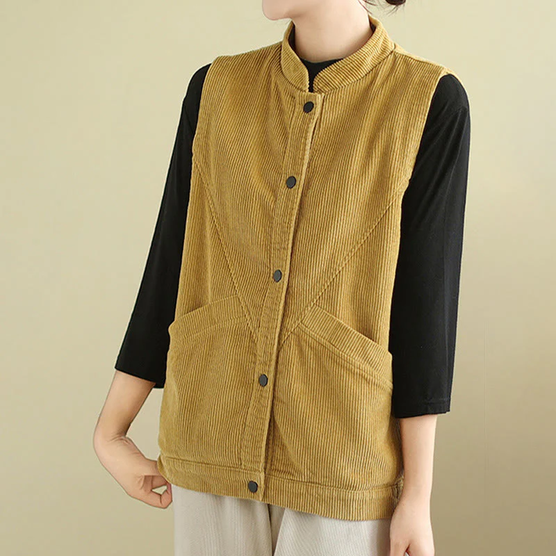 Buddha Stones Plain Sleeveless Women's Cotton Vest Corduroy Waistcoat With Pockets