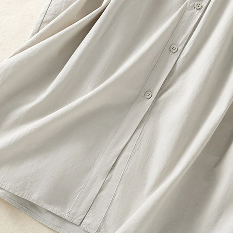 Buddha Stones Casual Plaid Pleats Buttons Design Long Sleeve Cotton Midi Dress With Pockets